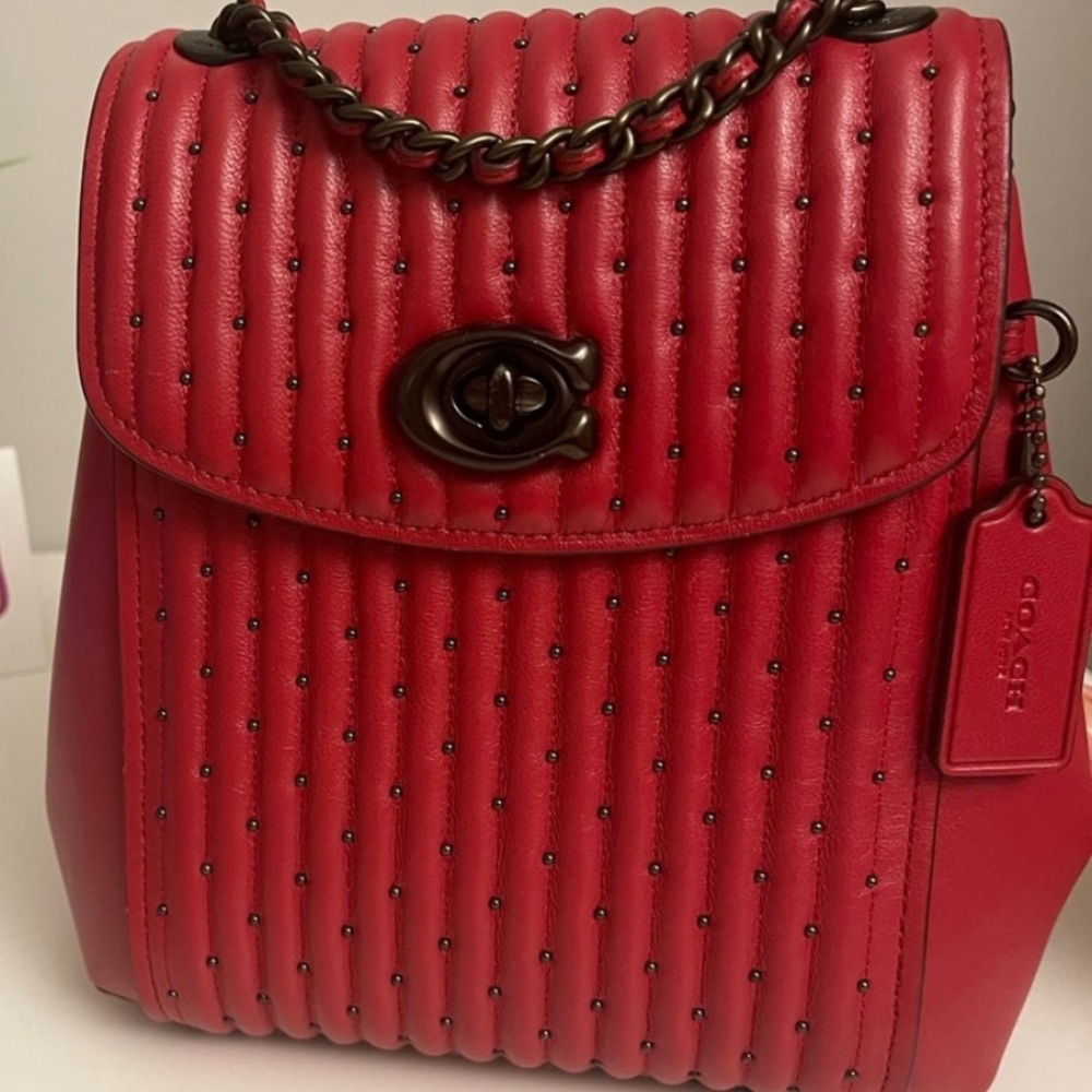 Coach Parker Red Apple/ Pewter Convertible Backpack 16 With Quilted & Rivets